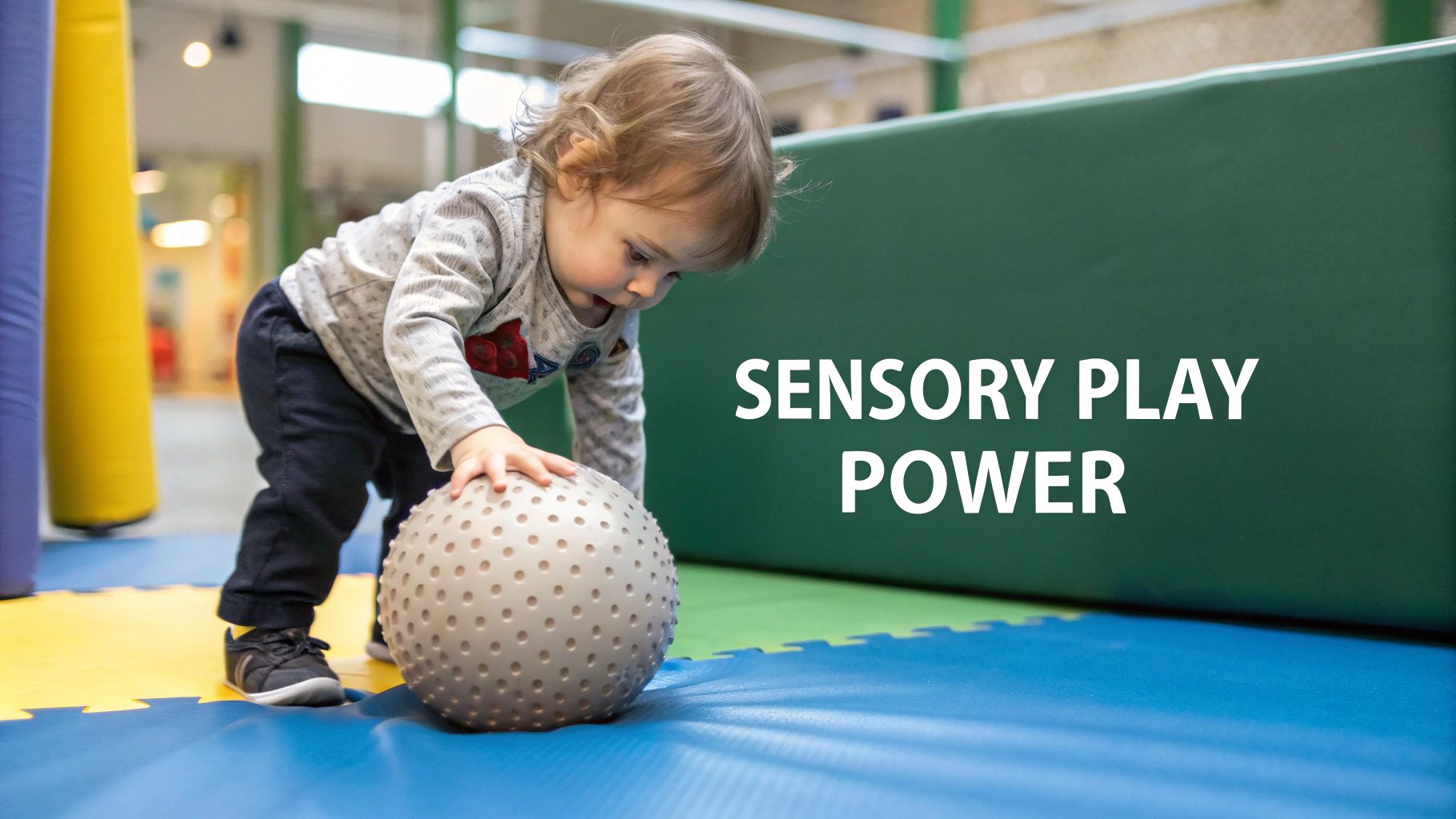 A toddler engaged in sensory play with colourful wooden blocks.