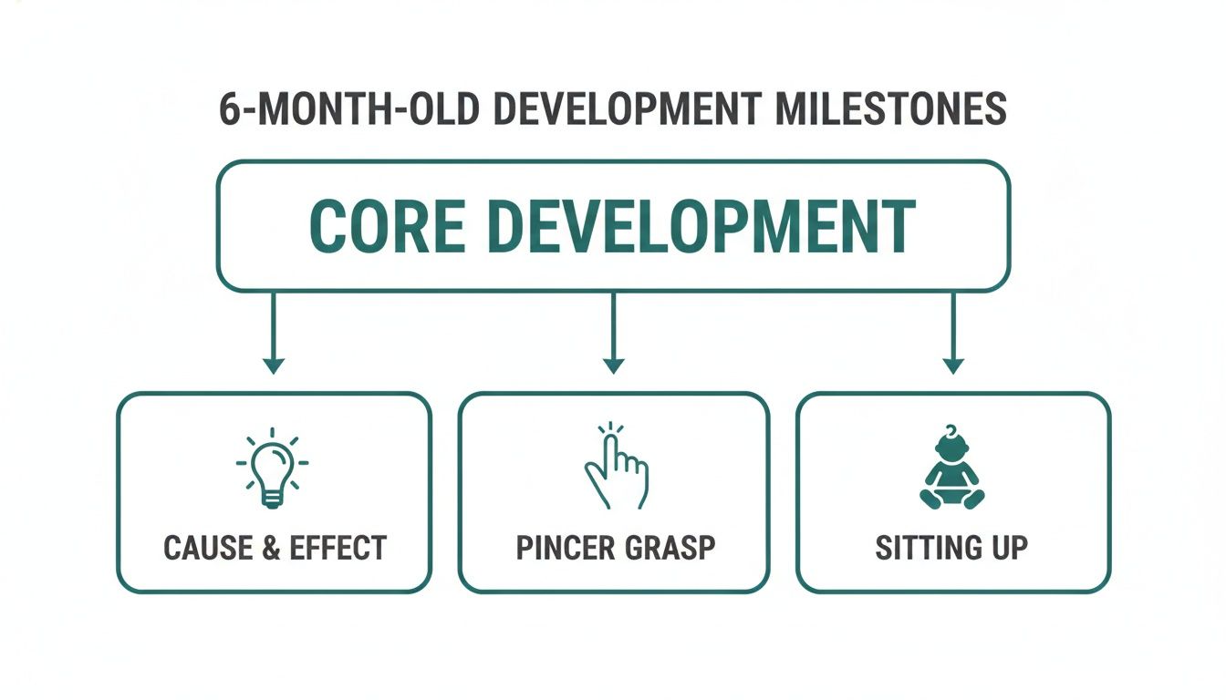 A flowchart showing 6-month-old core development milestones: cause and effect, pincer grasp, and sitting up.