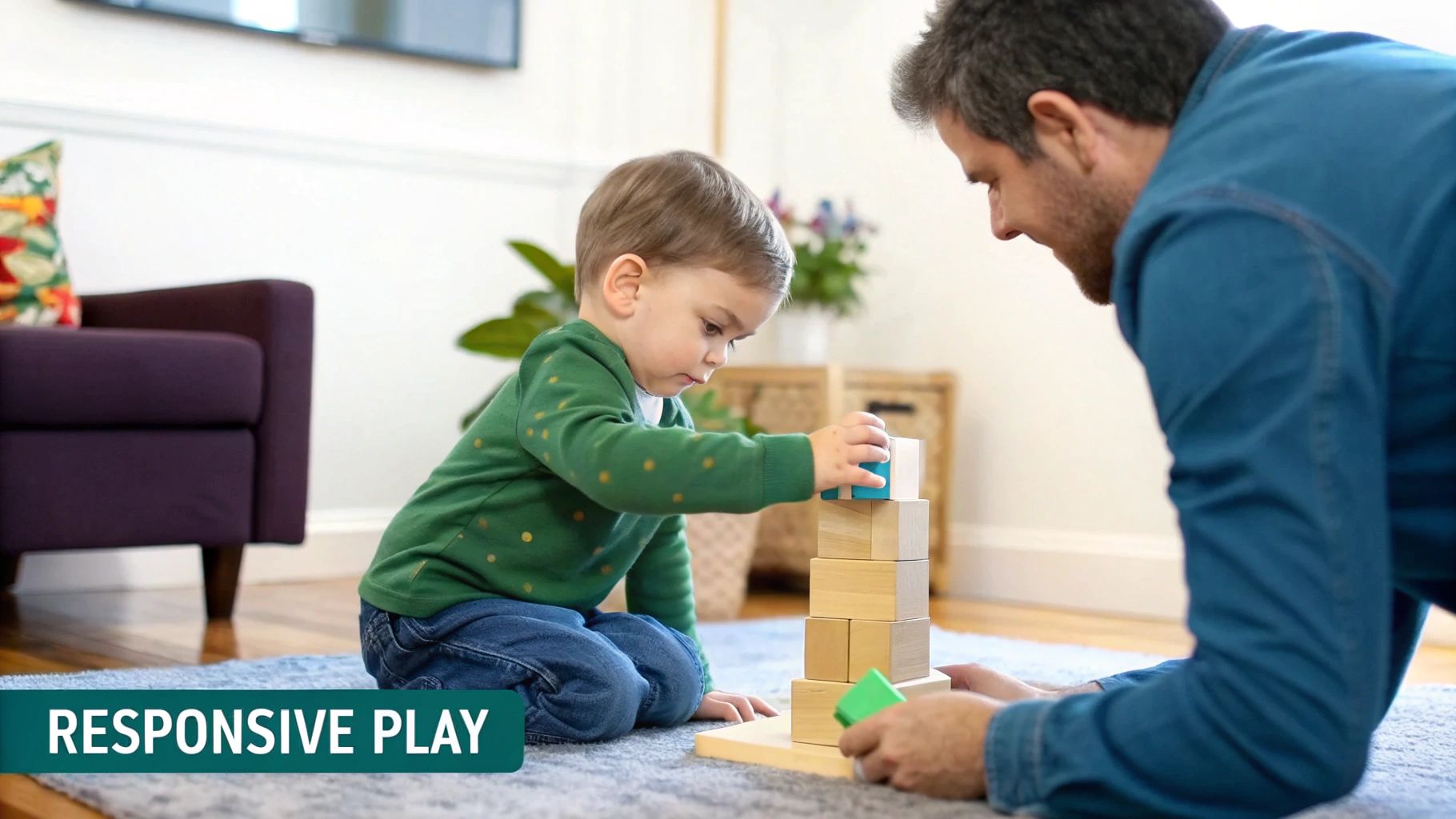 A father and toddler son play with wooden building blocks on a rug.