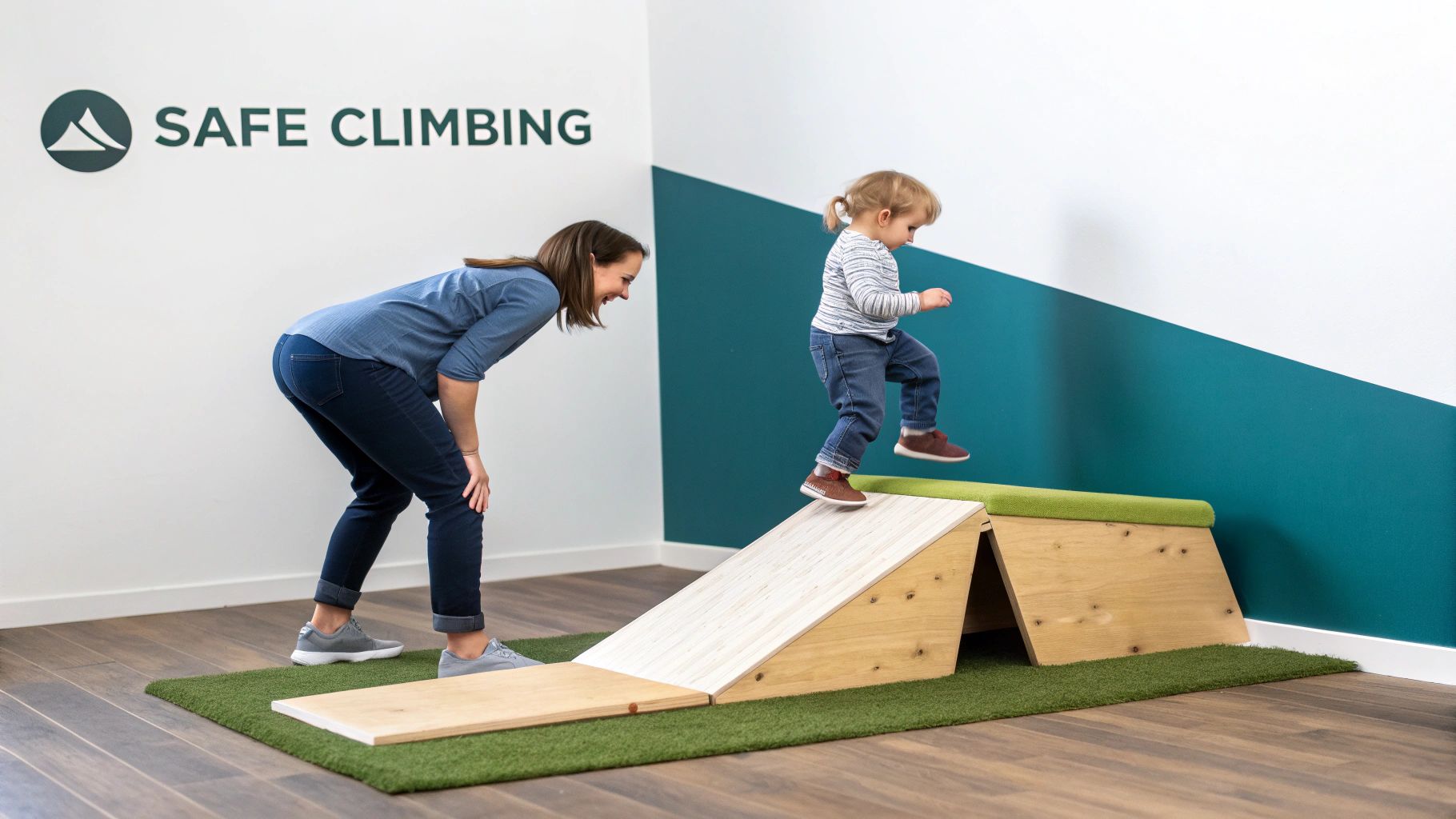 A toddler practices gross motor skills on a wooden climbing set with an adult watching.