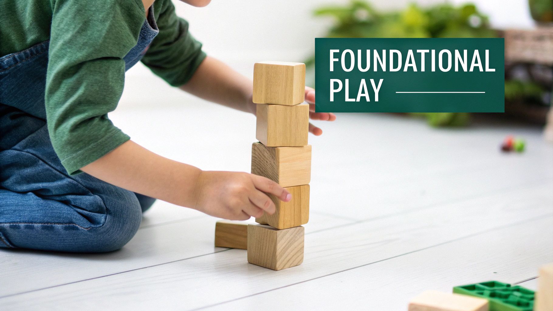 A child in green shirt and blue overalls kneels on a light floor, stacking wooden building blocks.