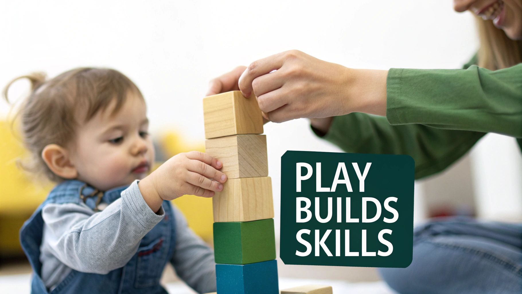 An adult and a baby playing with wooden blocks, highlighting that play builds skills.