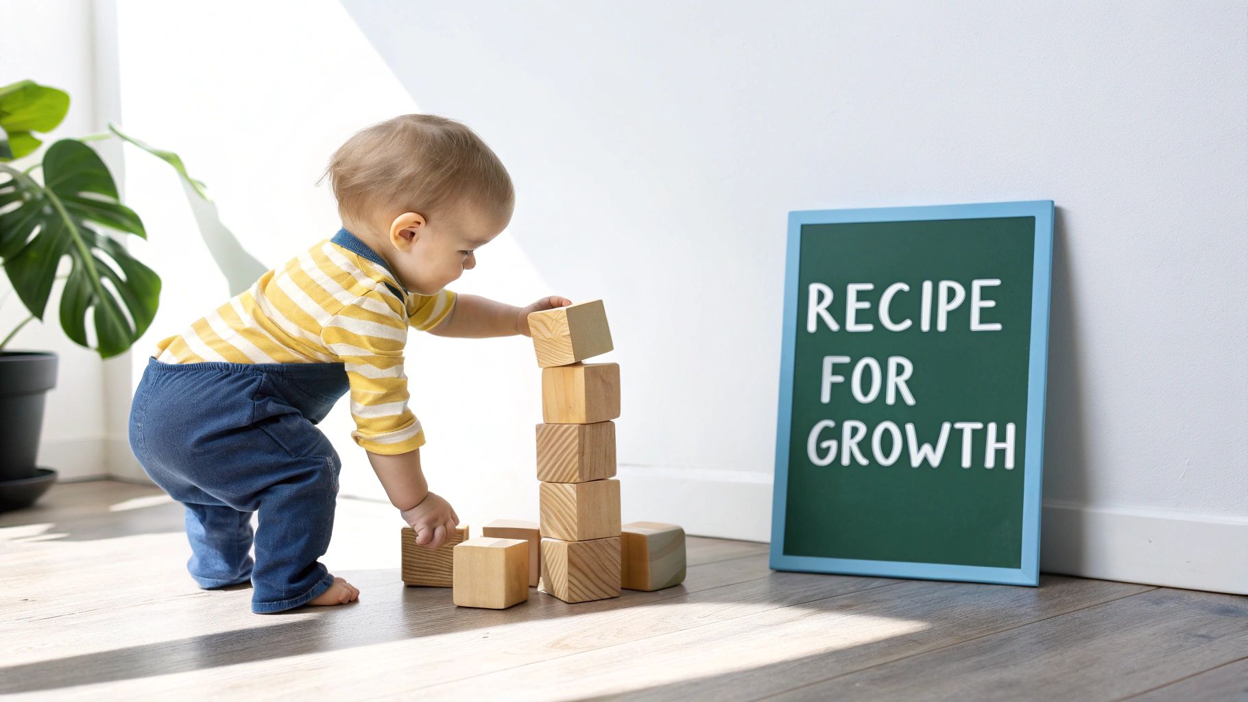 A baby wearing a striped shirt stacks wooden blocks on the floor next to a 'Recipe for Growth' sign.