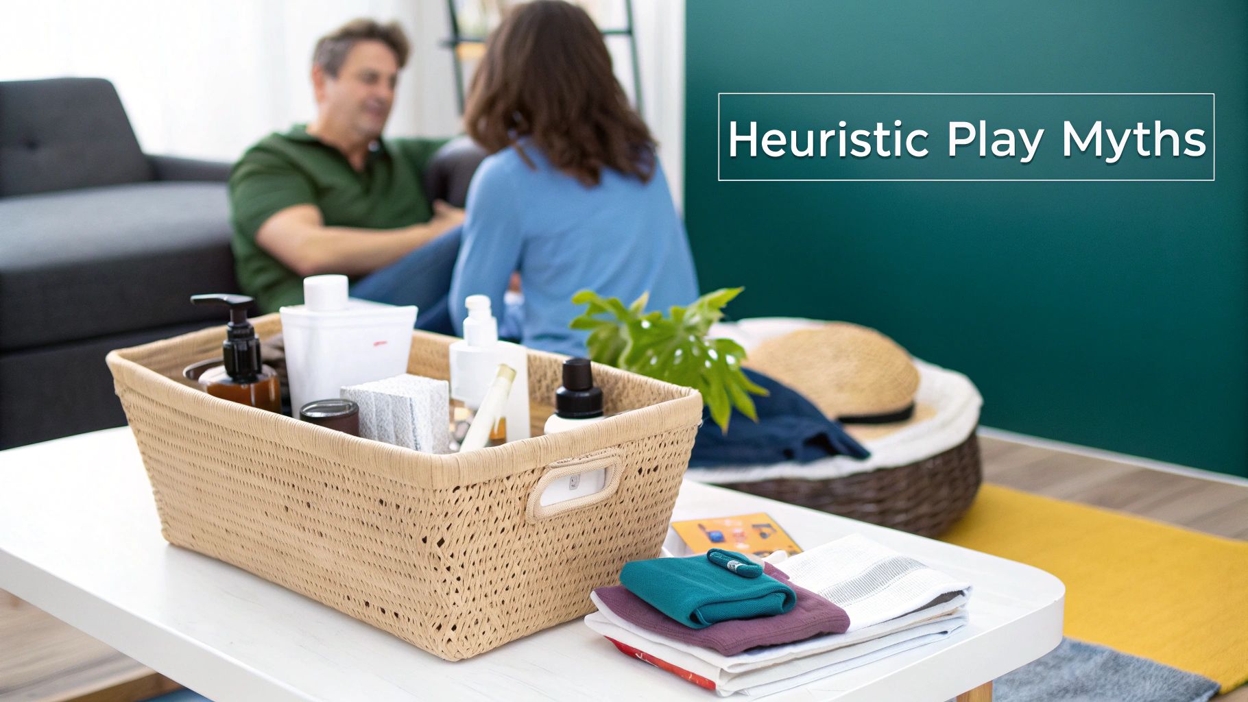A child sits on a colourful play mat, surrounded by heuristic play items like a metal bowl and wooden rings.