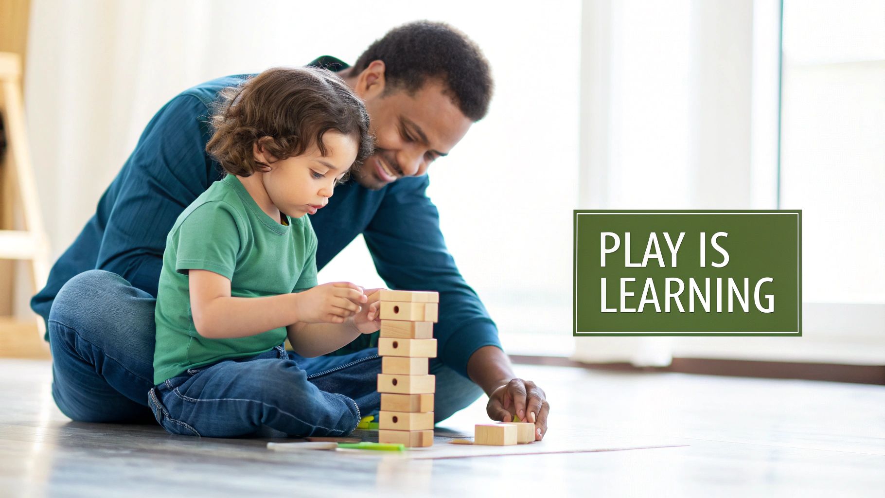 A father and his young child happily play together with wooden building blocks on the floor.