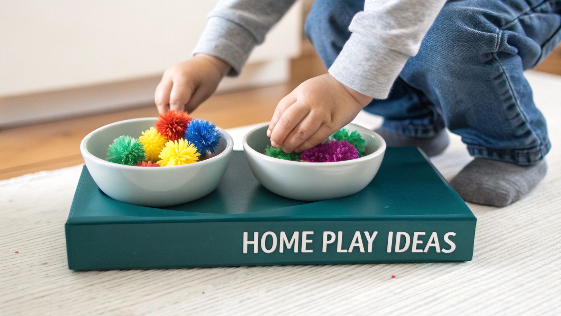 Toddler hands sorting colorful pom poms into white bowls on teal play tray for motor skills development