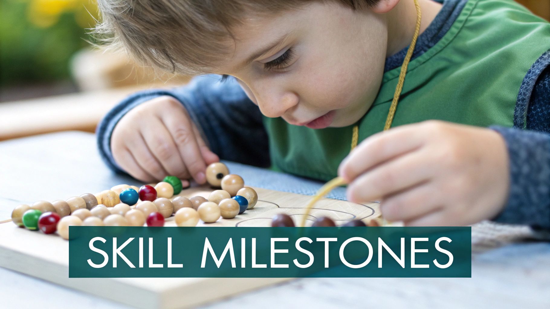 A young boy intently playing with colorful wooden beads on a table, practicing fine motor skills.