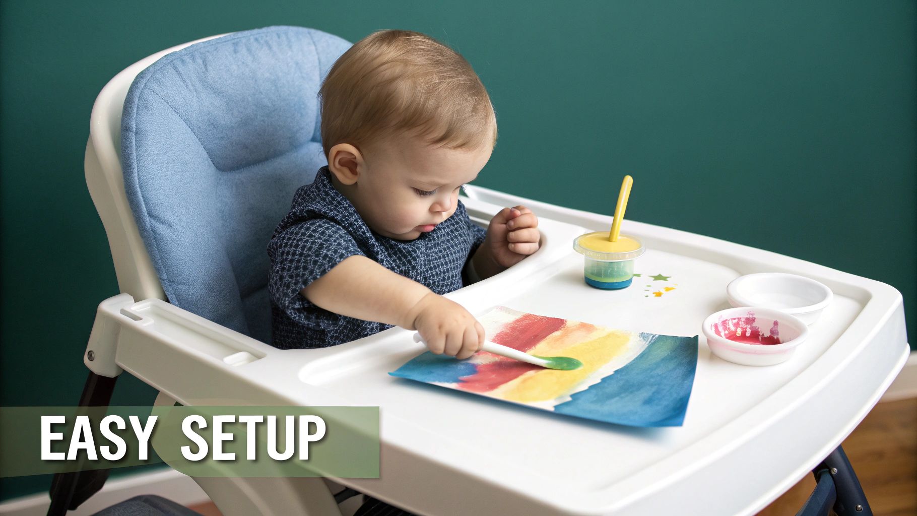 A happy baby in a high chair focused on painting with a spoon on colorful paper, with paint supplies on the tray.