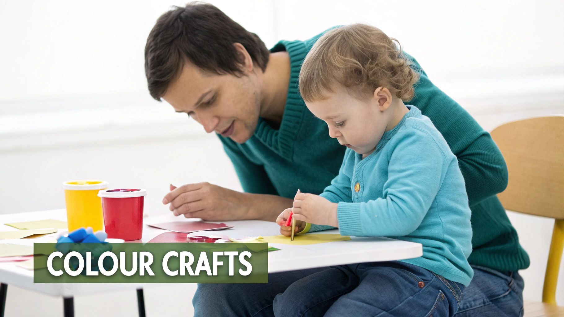 A toddler happily finger painting with bright colours.