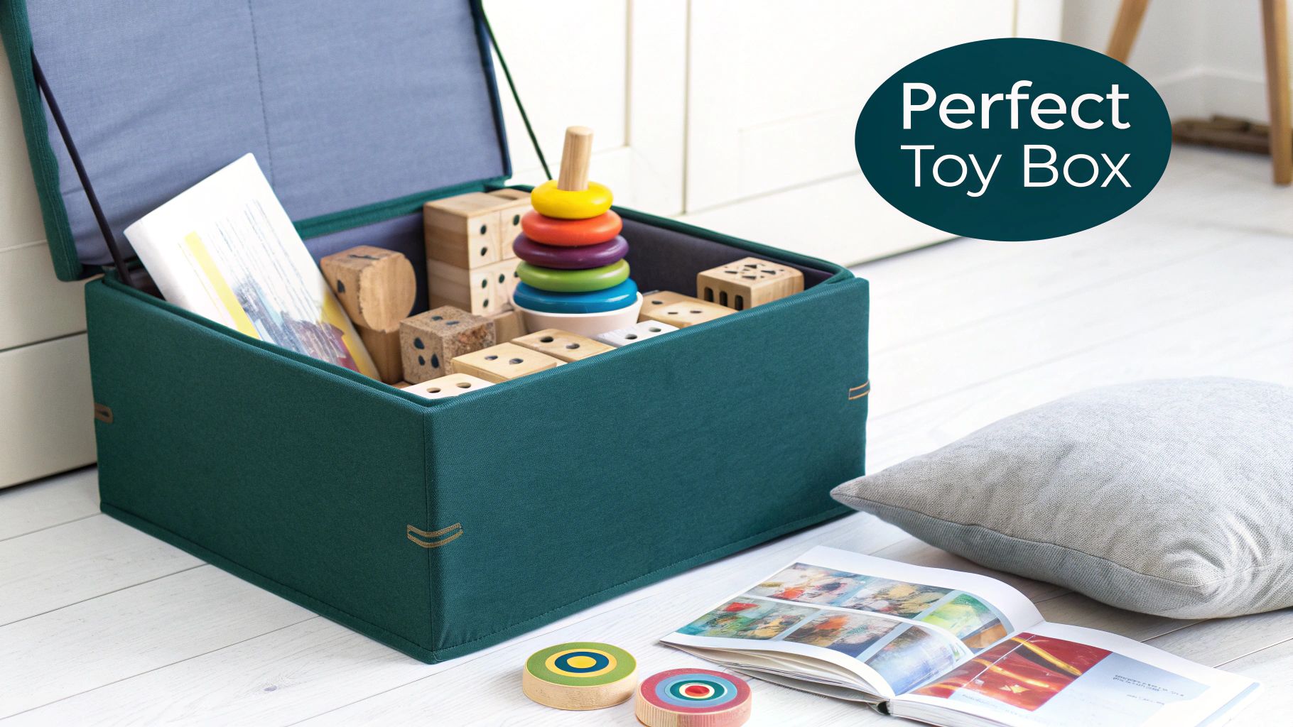 A green fabric toy box overflowing with colorful wooden stacking rings, blocks, and books.