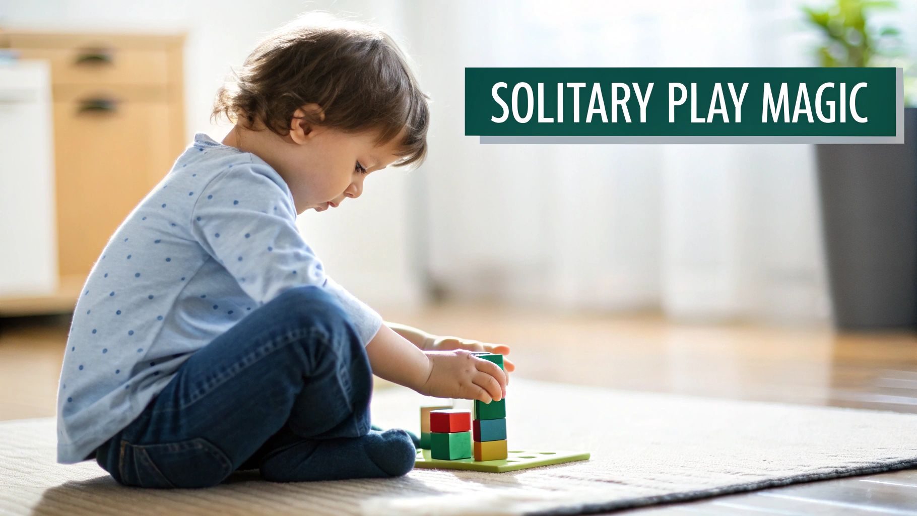 A focused toddler sits on a rug, happily stacking colorful wooden blocks during solitary play.