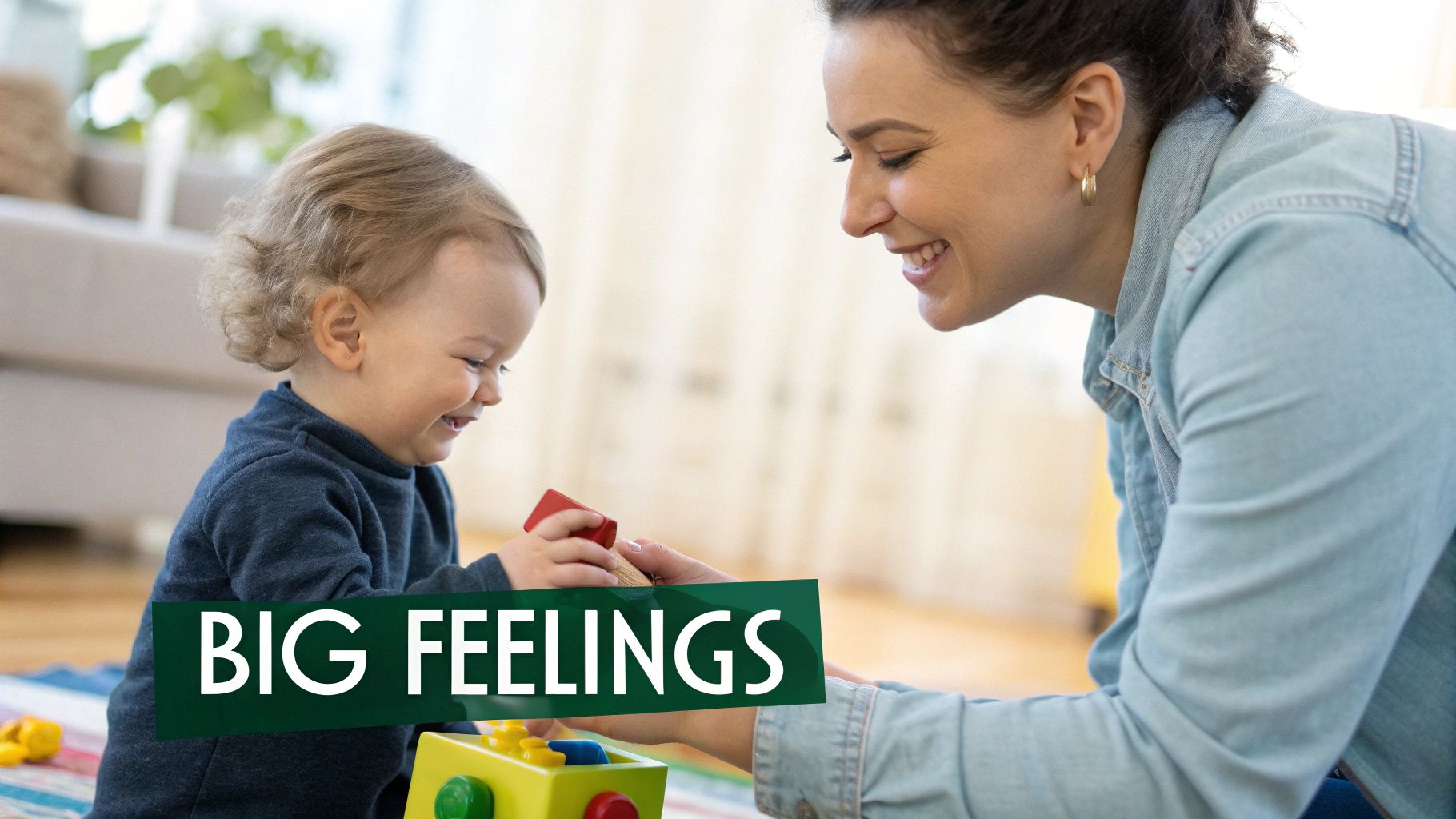A happy mother and baby boy play with colorful blocks on the floor, smiling at each other.