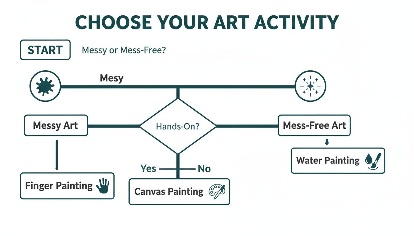 A flowchart guides choosing art activities based on messy, mess-free, or hands-on preferences for painting.