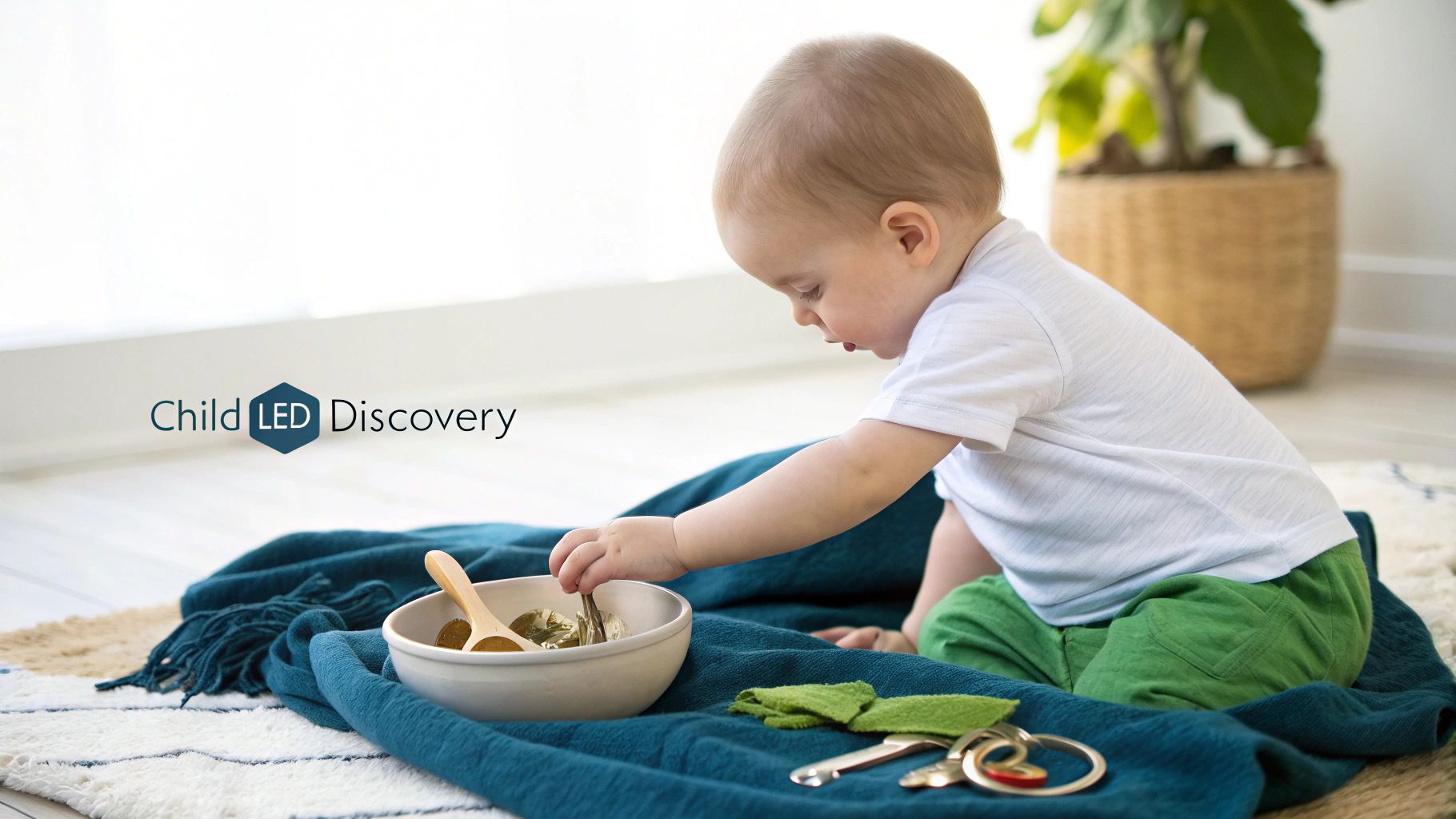 A child engaged in heuristic play with natural wooden objects in a basket.