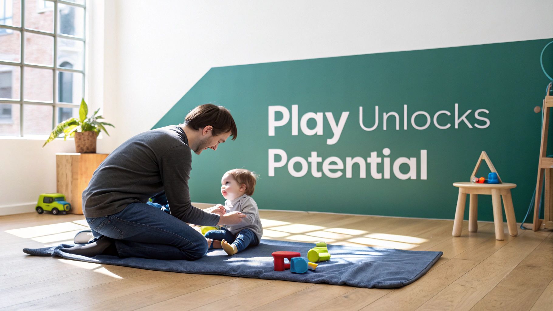 A man and an infant happily playing with colorful developmental toys on a mat.