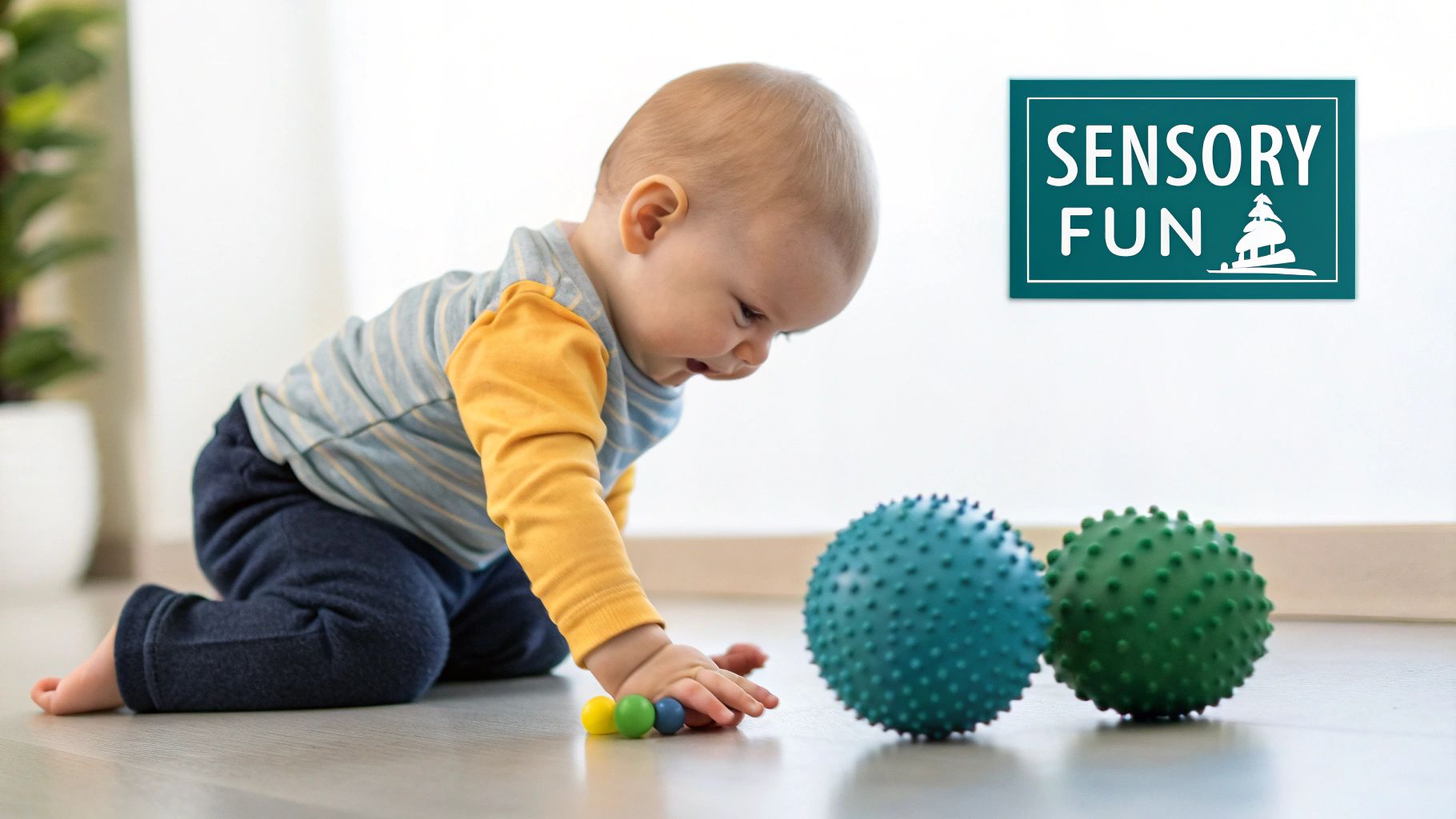 A one-year-old playing with various colourful toys on a soft mat.