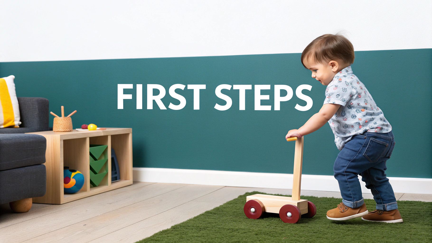 A toddler boy with a wooden walker on a green rug, learning to walk, with 'FIRST STEPS' text on the wall.