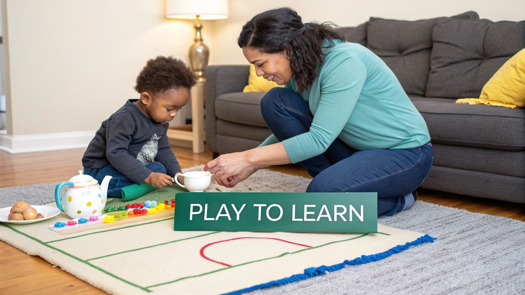 A mother and her young child playing together on a rug with various educational toys, embodying 'Play to Learn'.