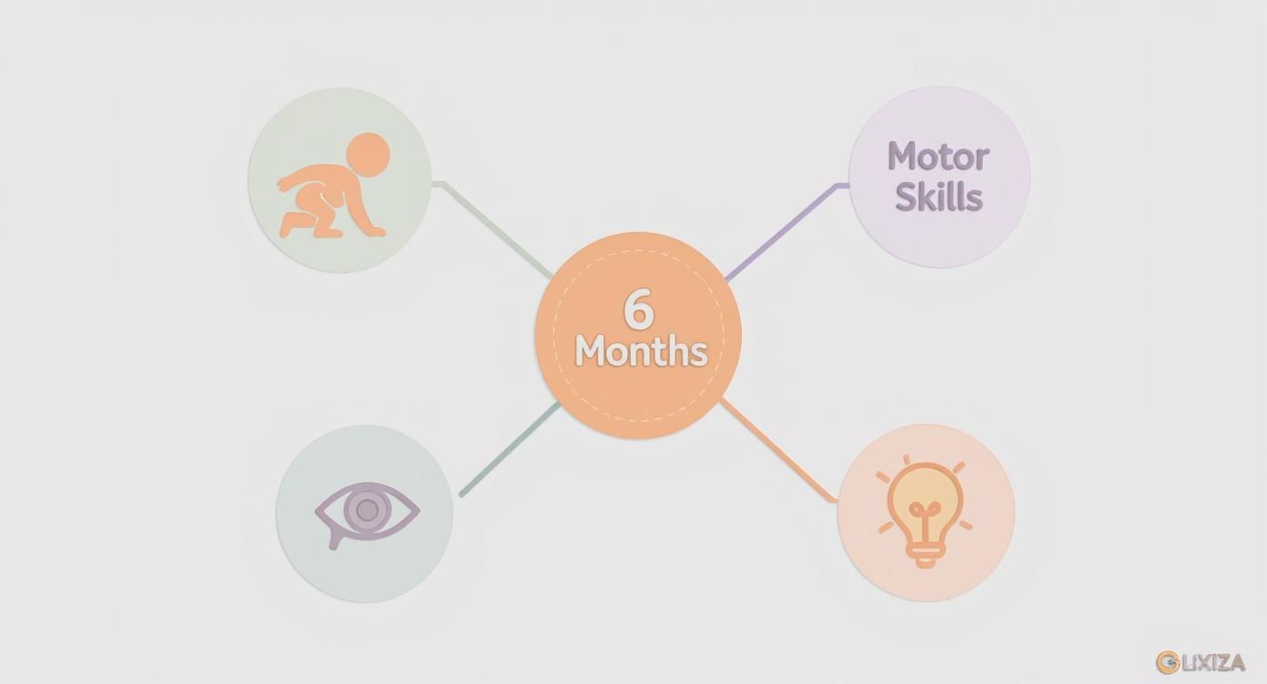 A colorful mind map illustrating baby development at 6 months, highlighting motor skills, vision, and cognition.