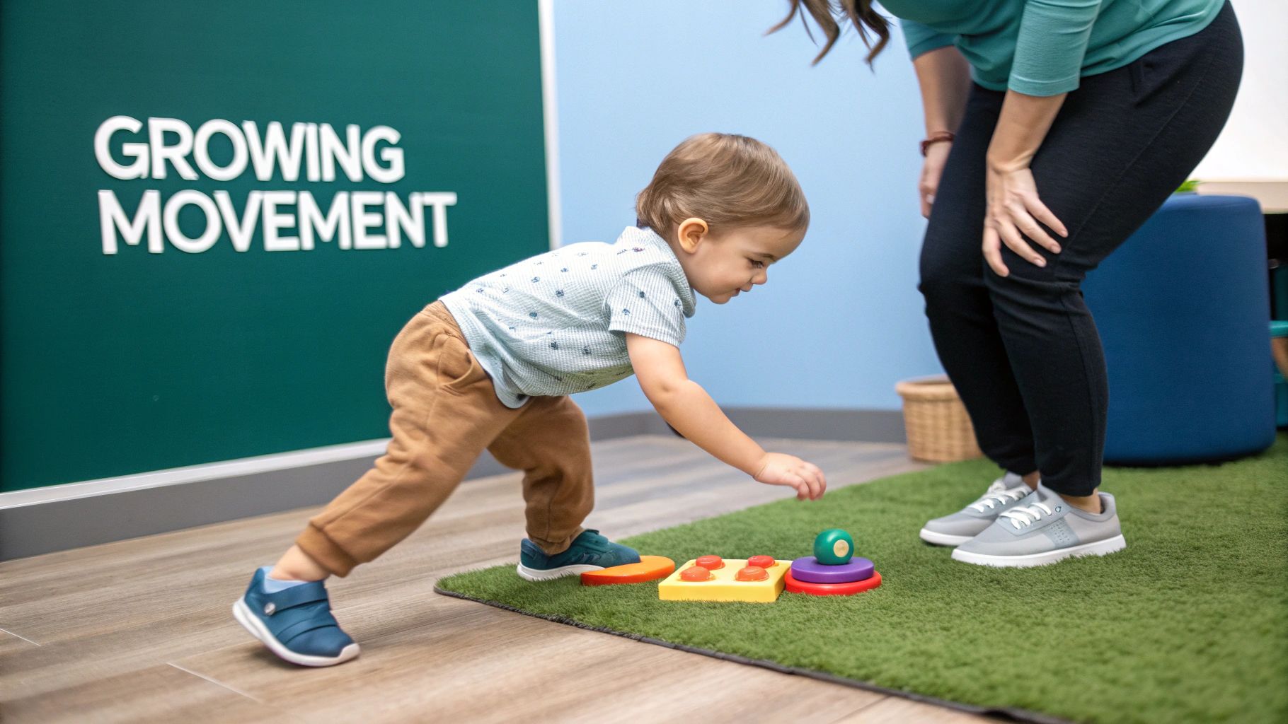 A happy toddler reaches for colorful developmental toys on a green mat with an adult nearby.