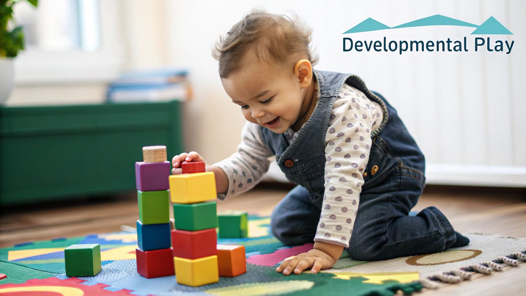 A toddler playing with colourful wooden stacking rings on a white background