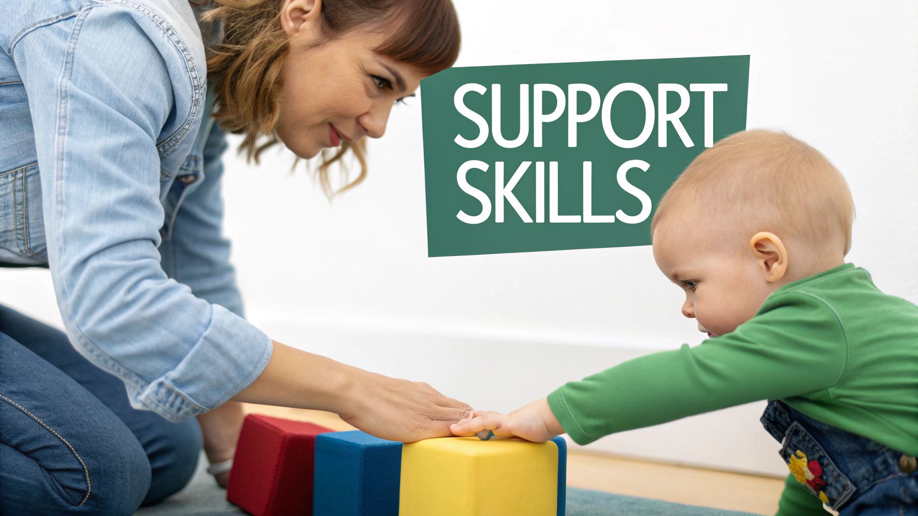 A baby playing with colourful toys on the floor, focusing on fine motor skills development.