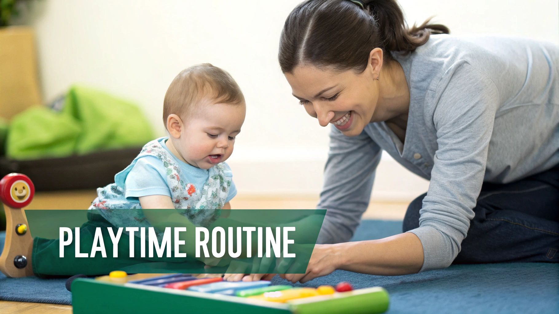A mother and baby playing together on the floor with colourful toys