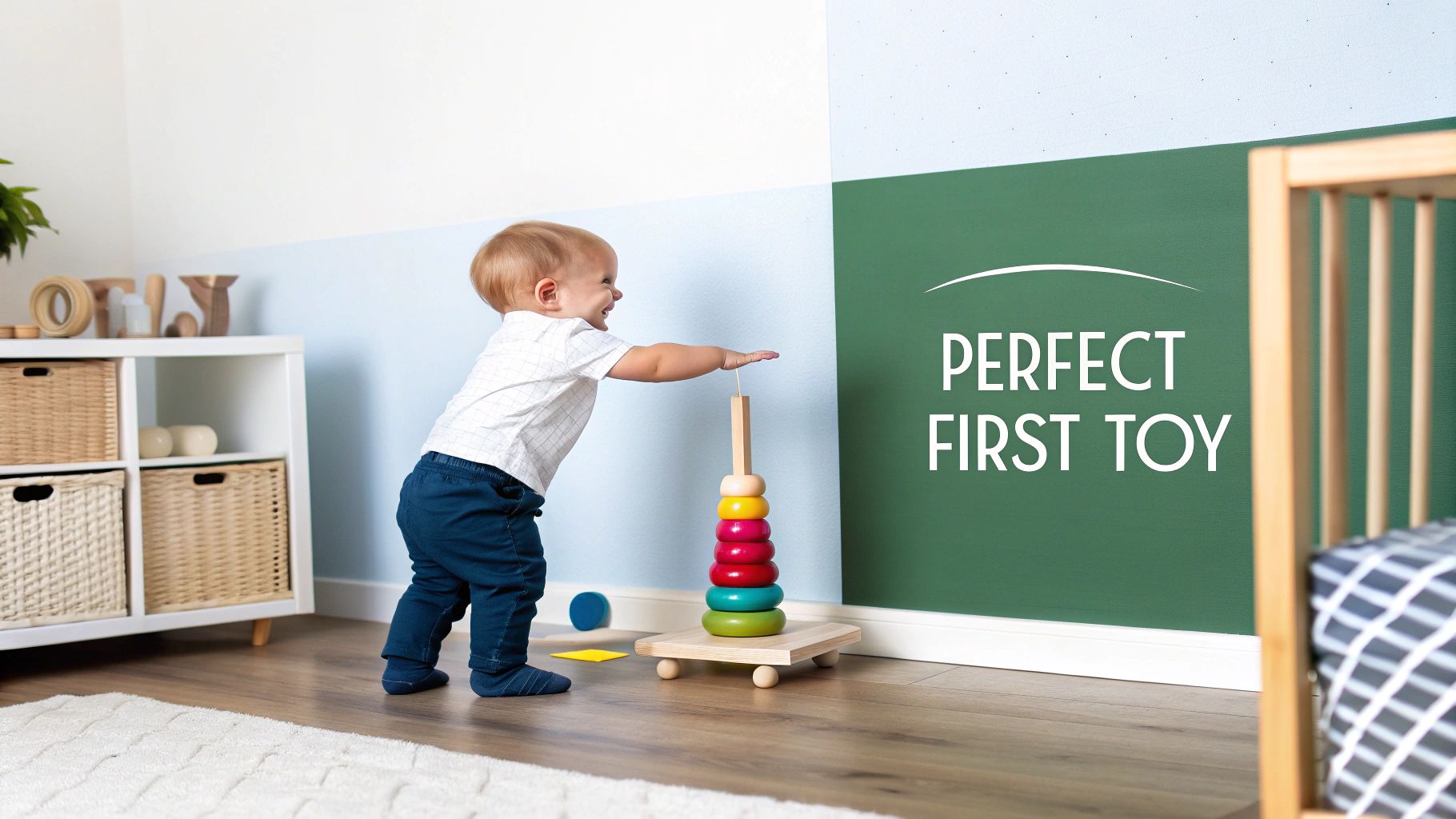 Toddler playing with colorful wooden stacking ring toy on wooden cart in nursery room