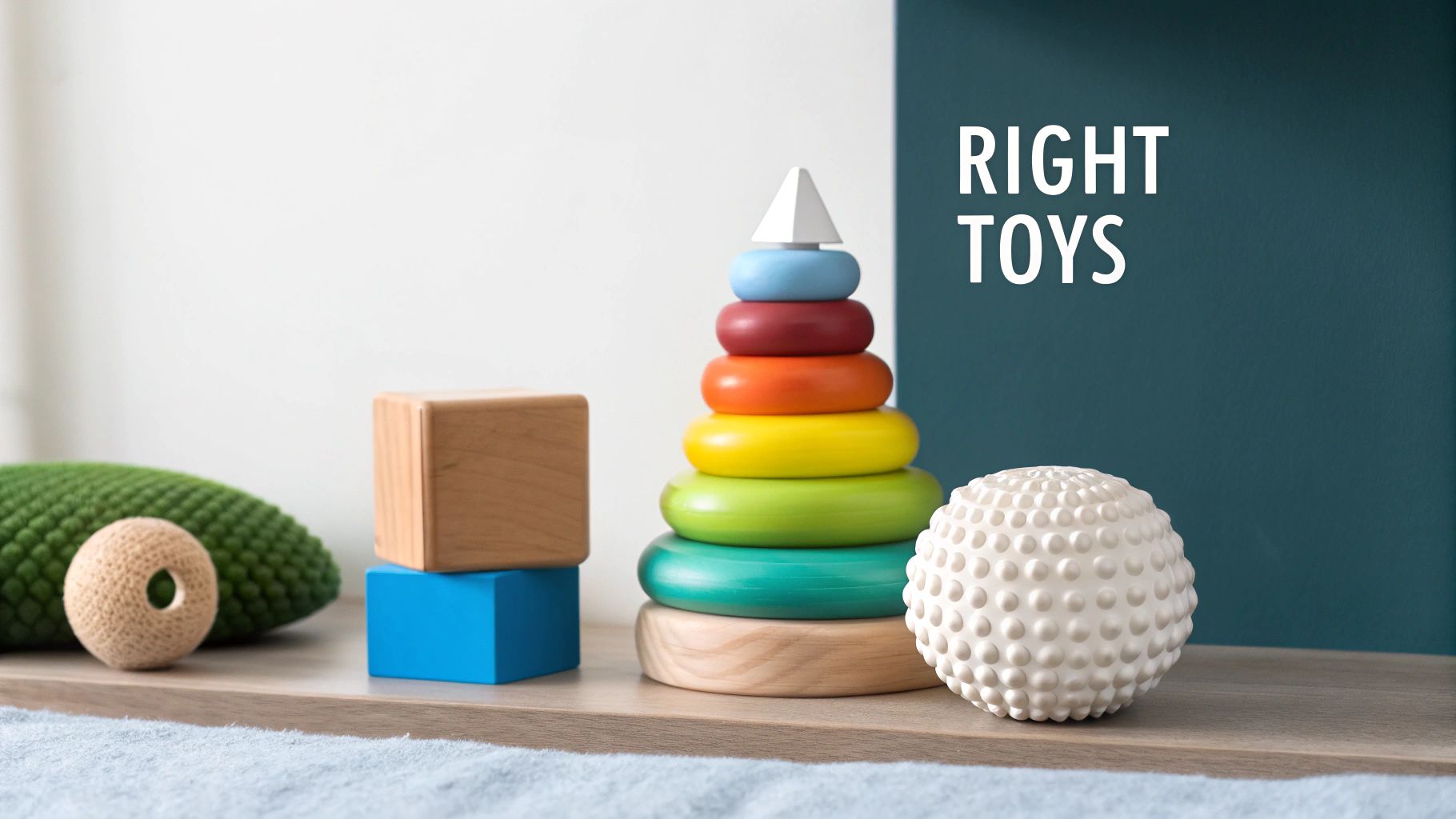 A variety of colorful wooden and sensory baby toys, including a stacking tower and blocks, on a shelf.