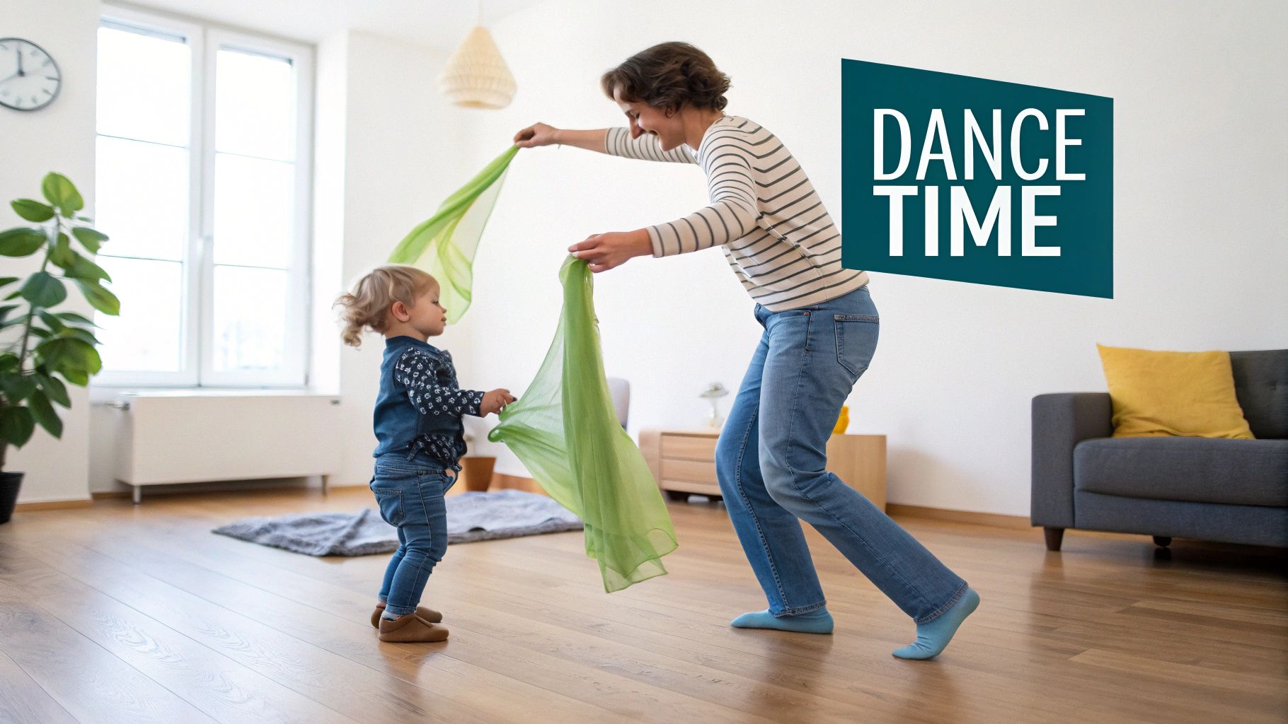 A woman and a toddler joyfully dance with green scarves in a bright, modern living room.