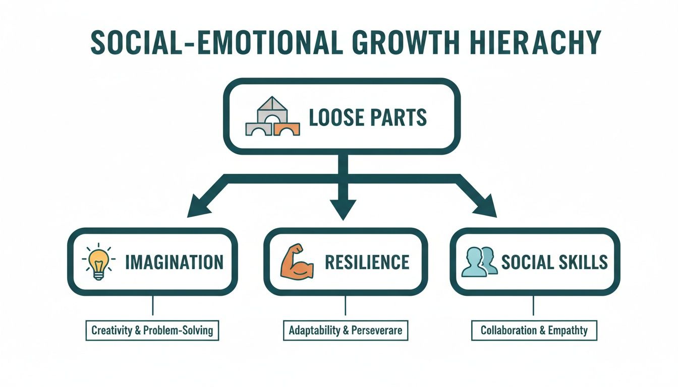 Diagram showing loose parts as the foundation for social-emotional growth, leading to imagination, resilience, and social skills.