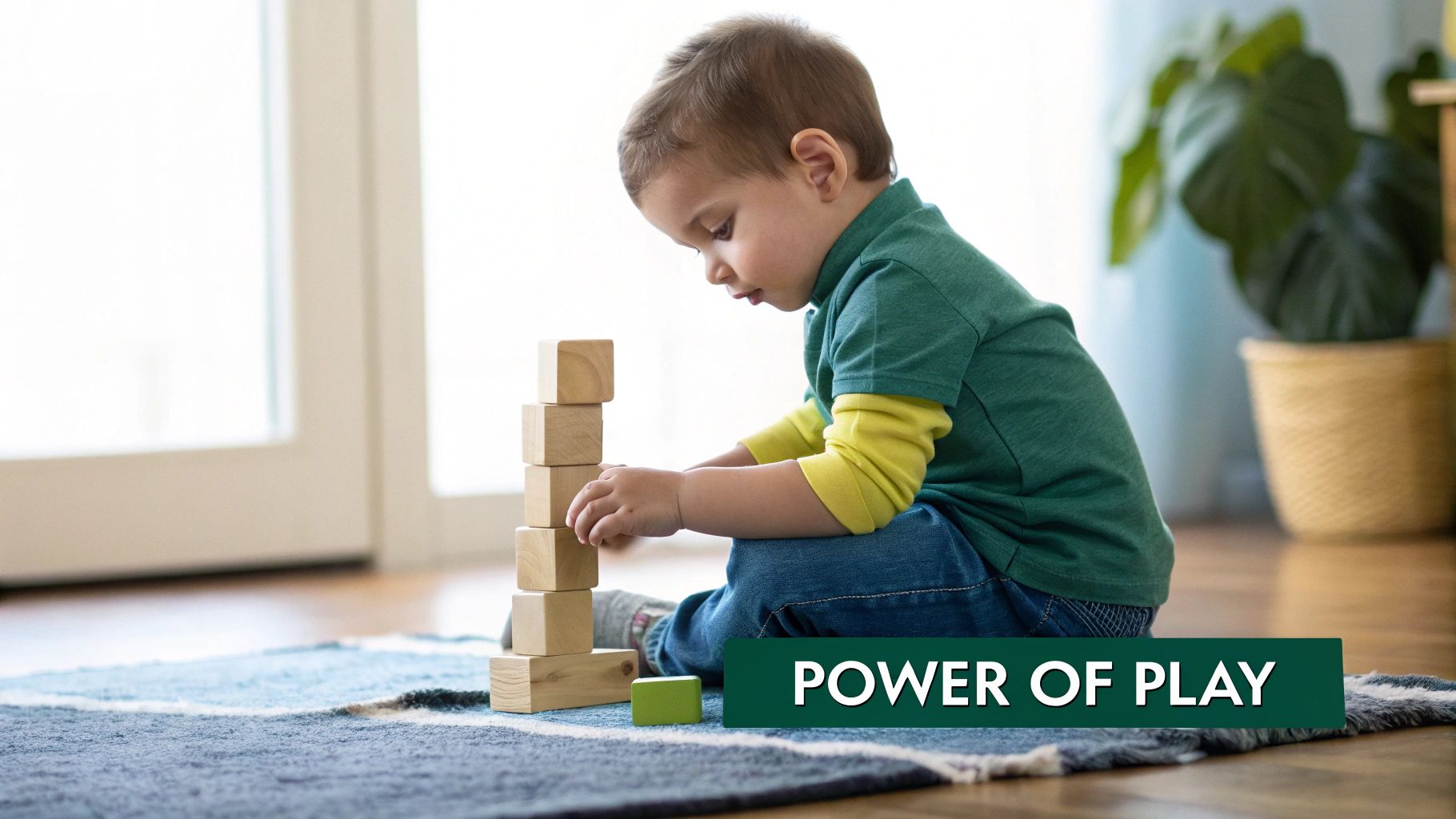A toddler playing with colourful wooden toys on the floor