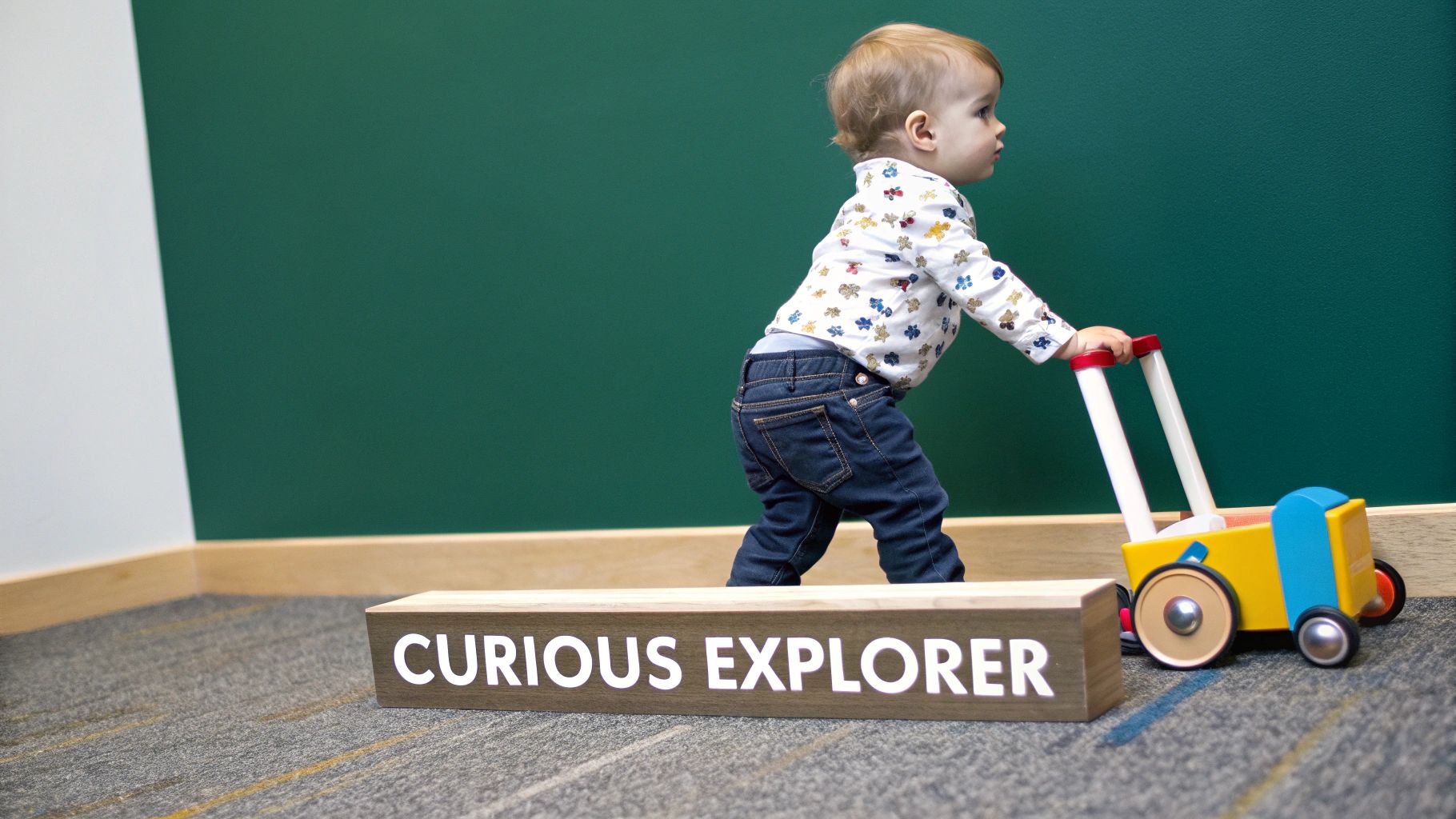 A one-year-old child playing with colourful wooden educational toys on the floor