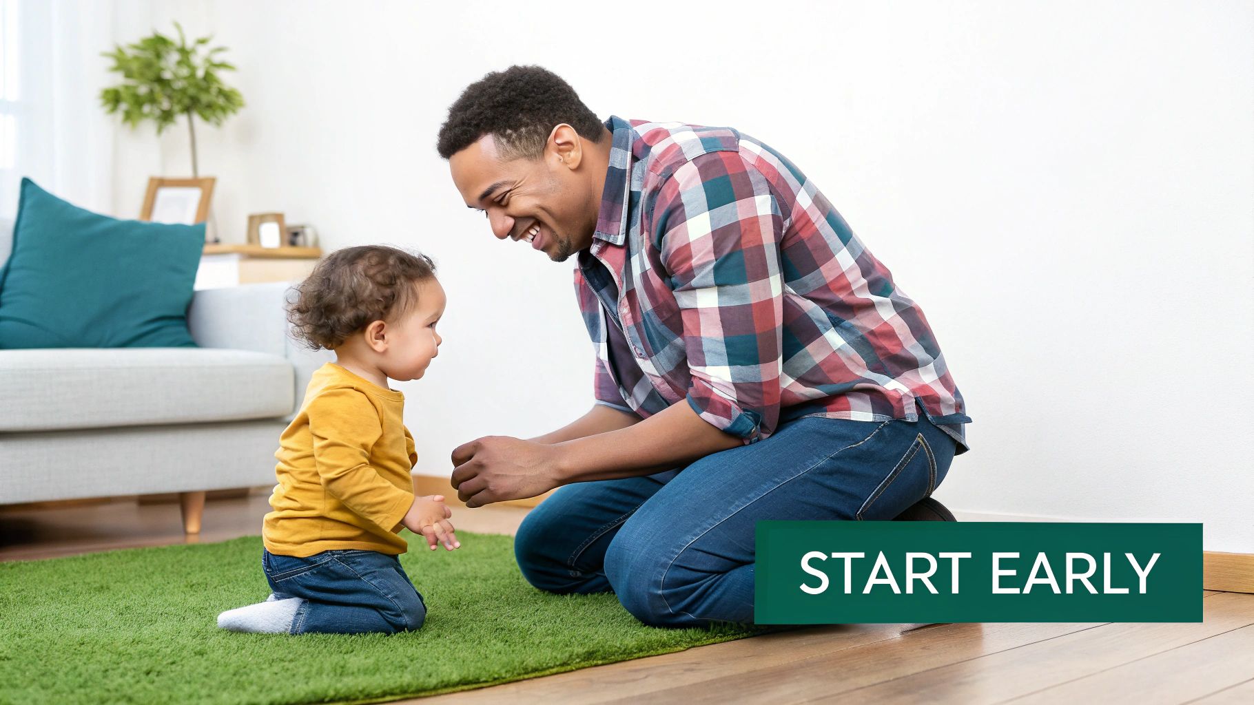 A toddler and parent reading a book together, focusing on language development.