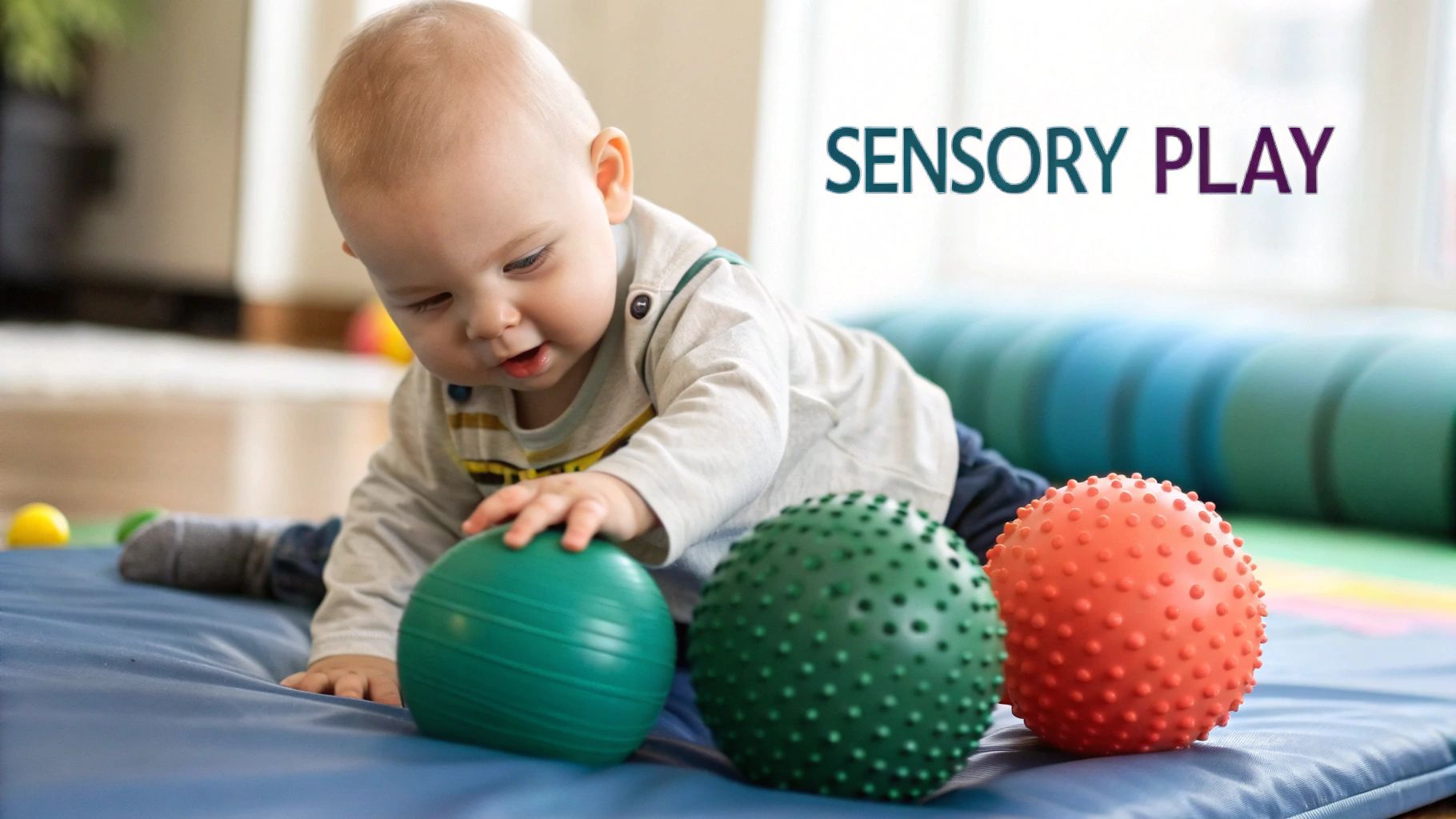 A baby playing with colourful developmental toys on the floor