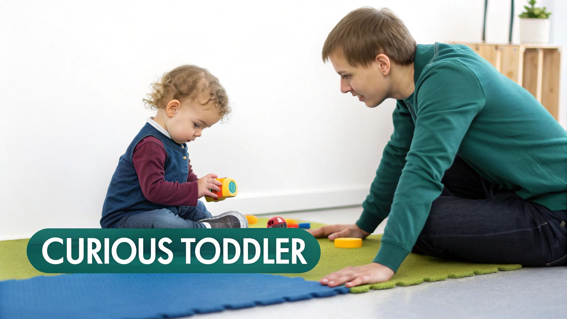 A curious toddler plays with a colorful toy while an adult engages with them on a soft mat.