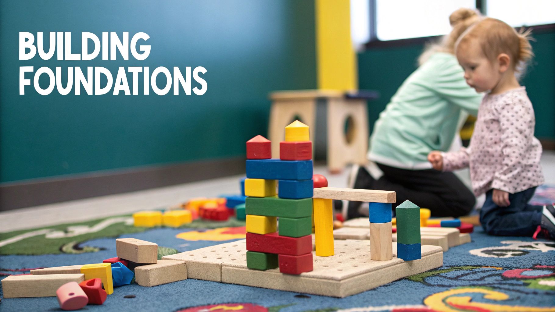A toddler plays with colourful wooden blocks, demonstrating educational toy categories.