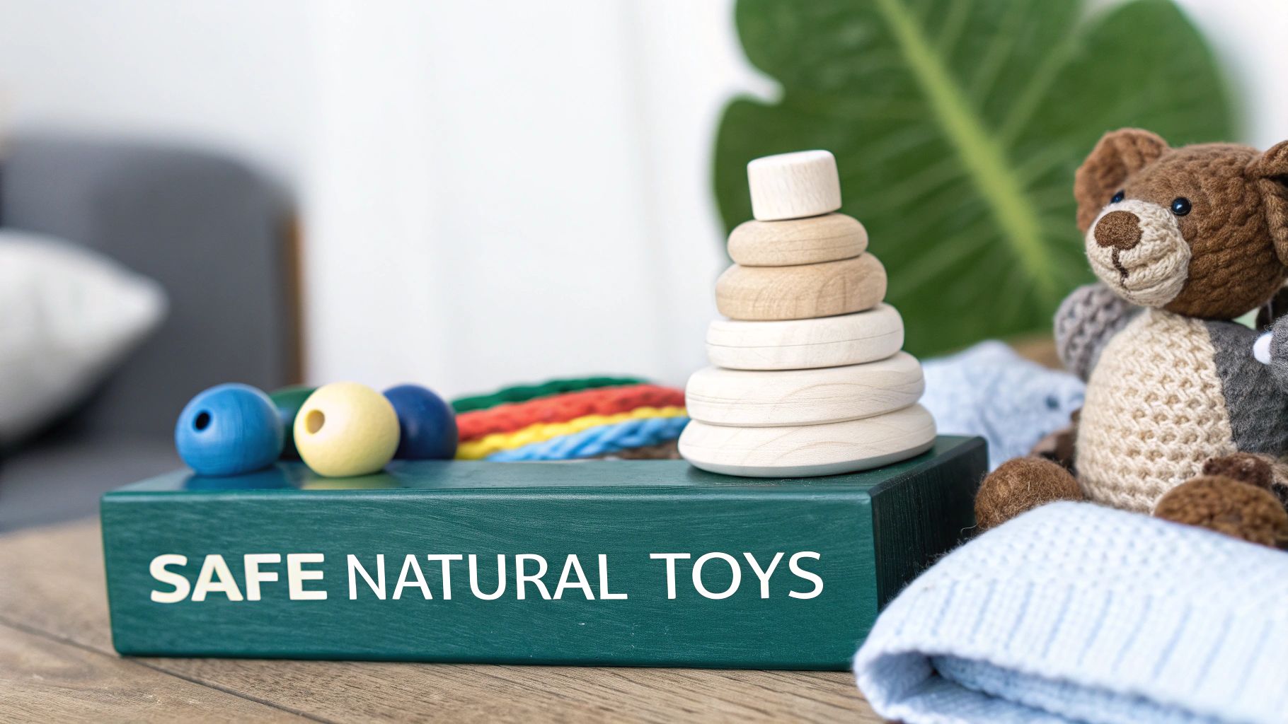 Close-up of natural wooden stacking toy, colorful beads, and a knitted teddy bear on a green box labeled 'SAFE NATURAL TOYS'.