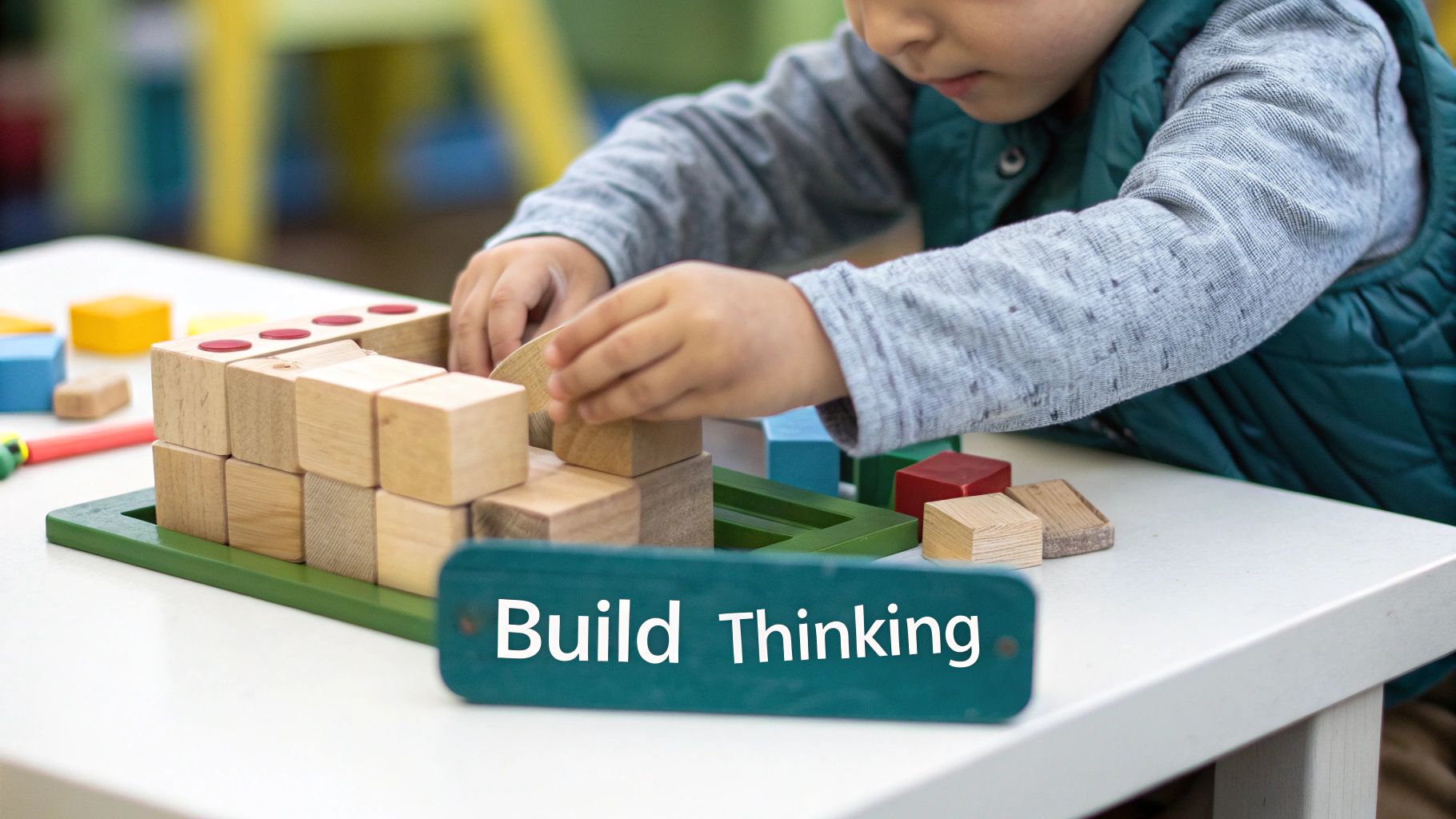 A toddler engaged in playing with colourful wooden stacking toys on a rug