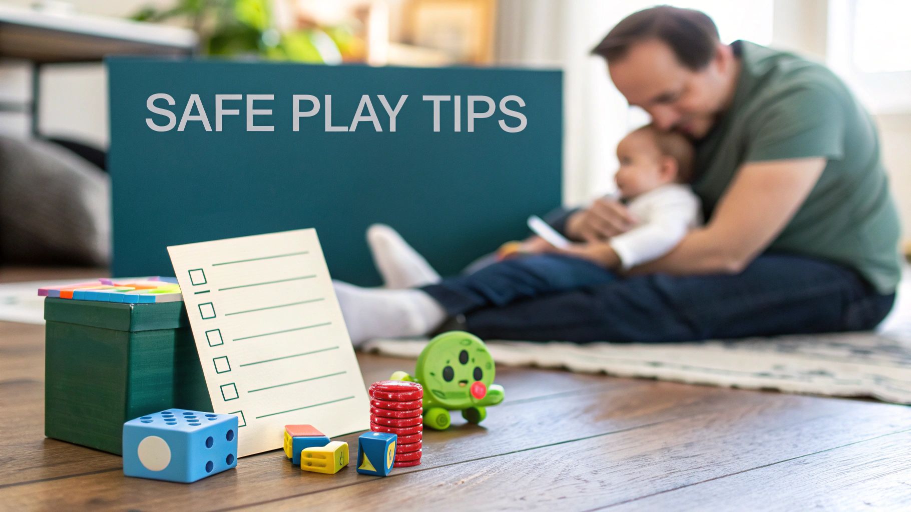 A father holds a baby while surrounded by colorful toys and a sign about safe play tips.