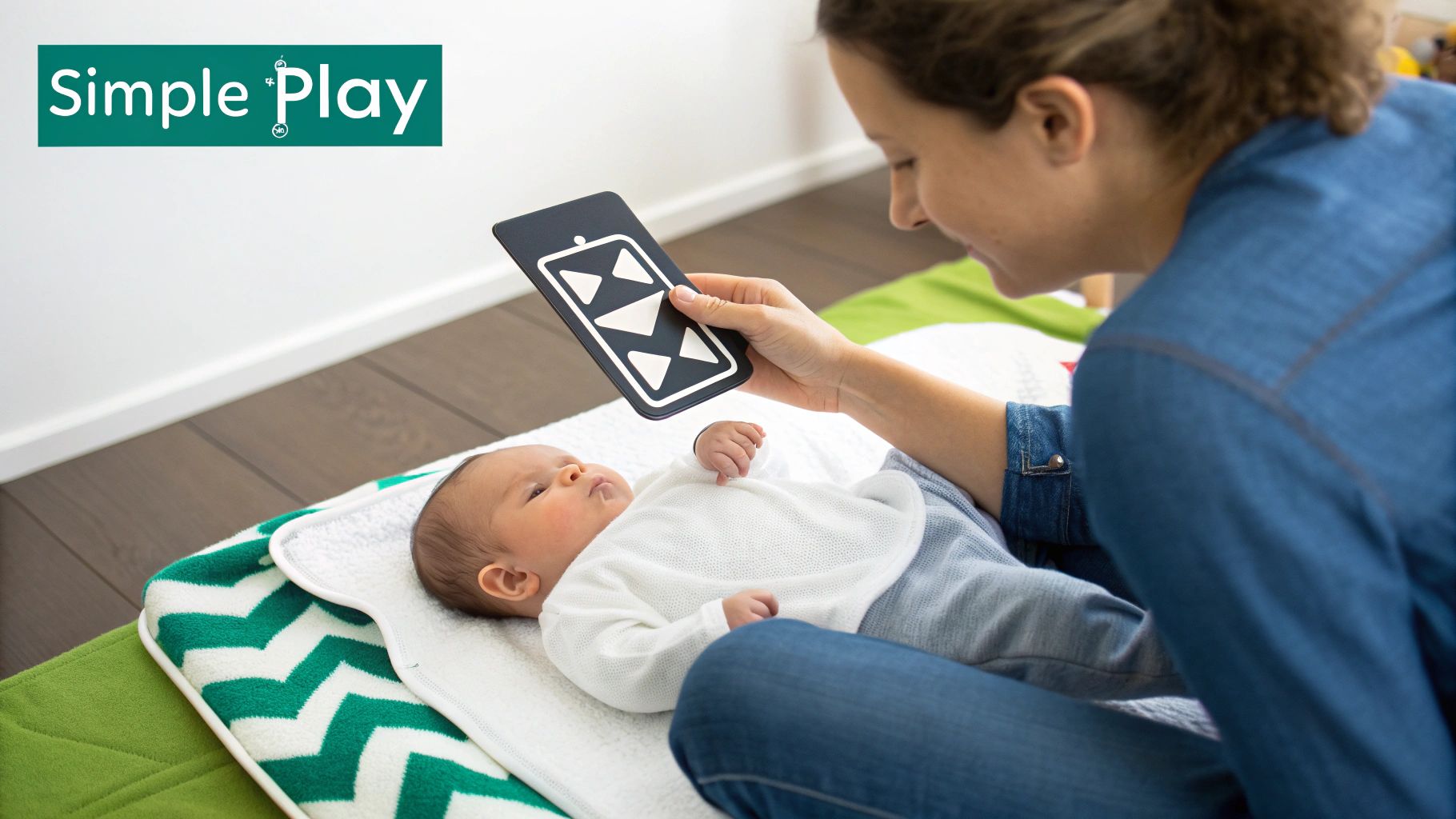 Adult engages newborn with a black and white developmental card on a green and white mat.