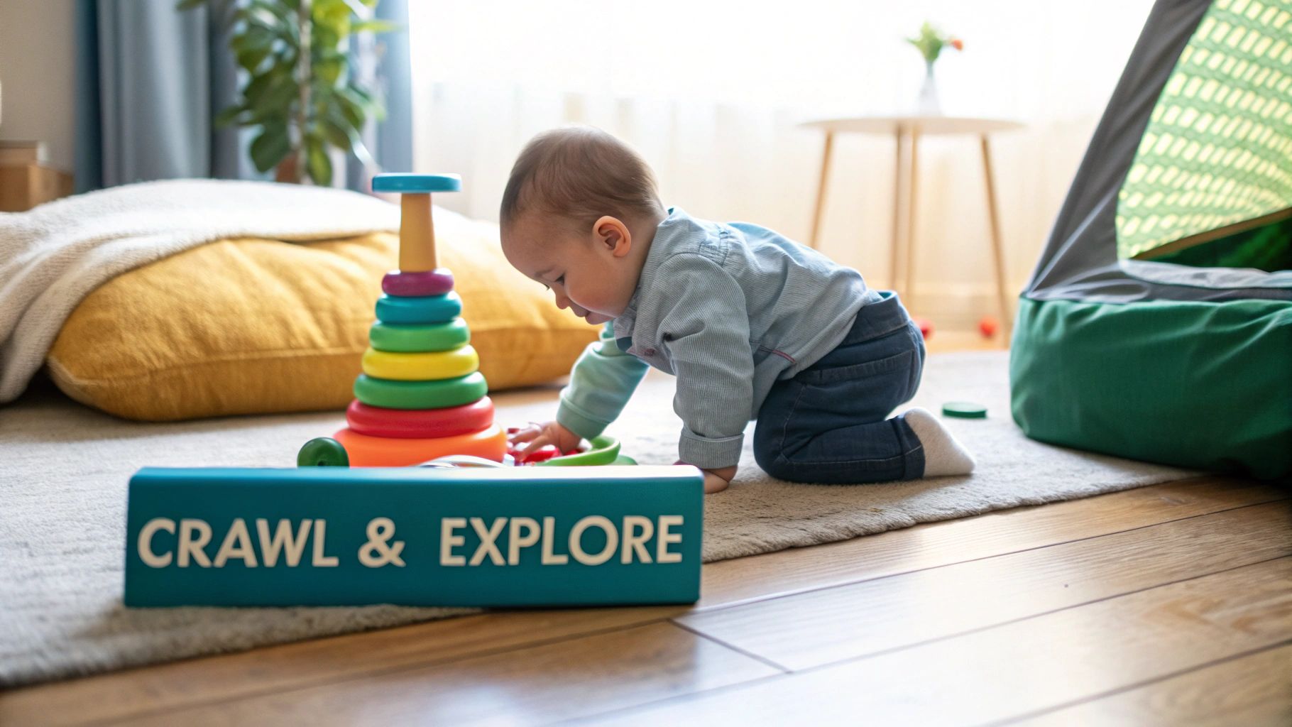 A baby in a blue shirt crawls on a rug, playing with colorful stacking rings near a sign.