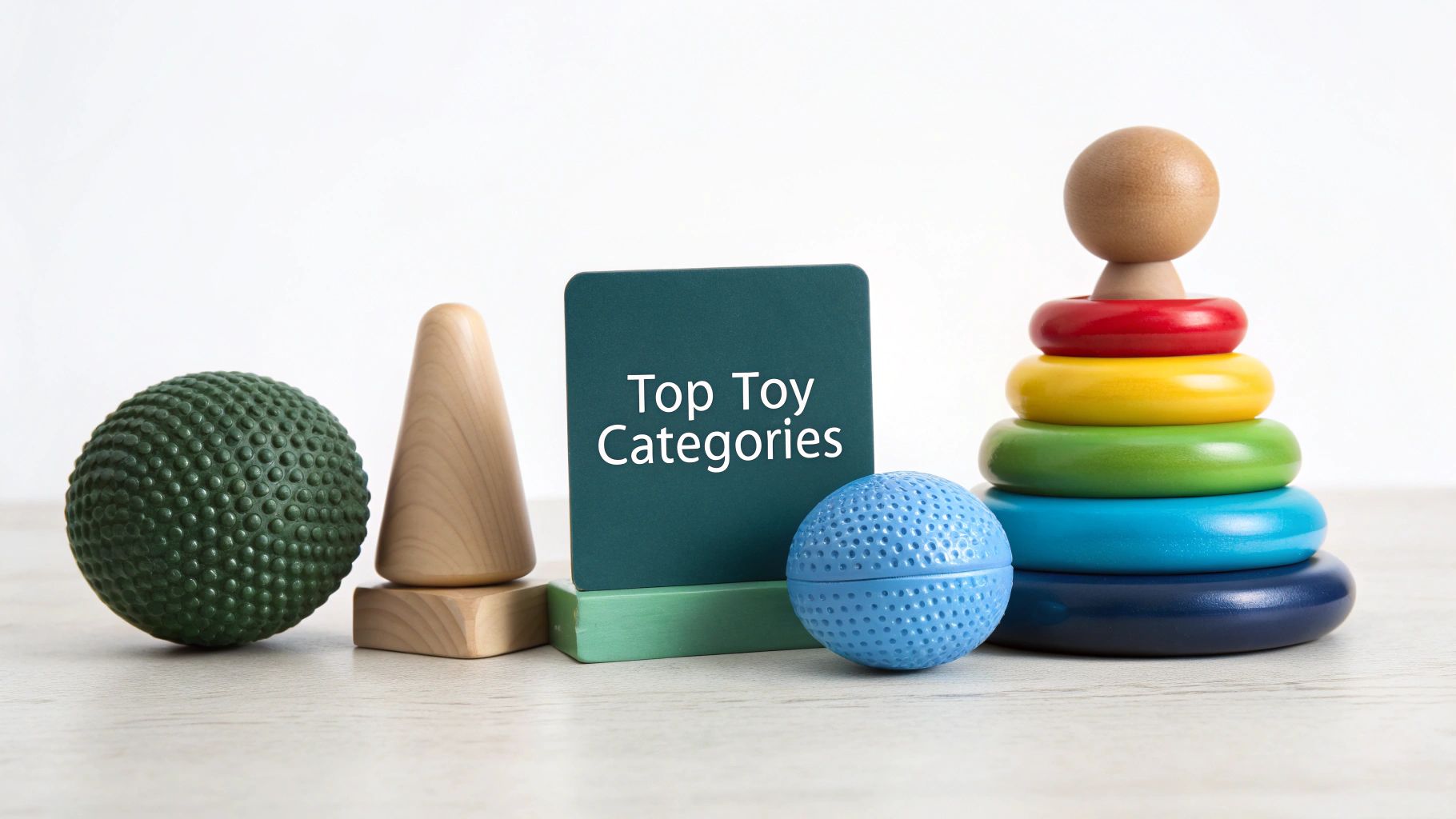 A baby happily playing with a variety of colourful sensory toys on a play mat.
