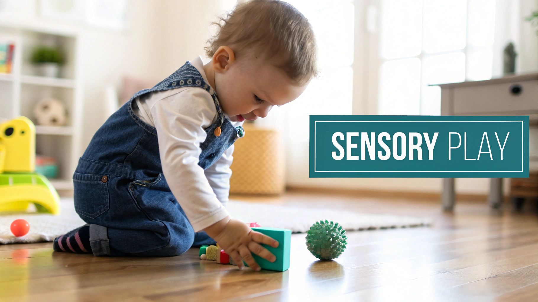 A happy baby in denim overalls kneels on a wooden floor, playing with colorful sensory toys.