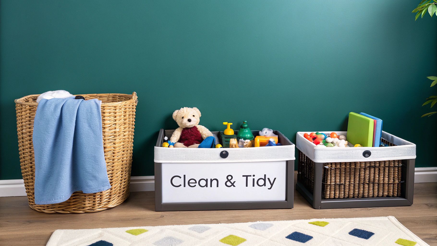 Three storage bins, including a laundry basket and two toy organizers, in a tidy room with a green wall.