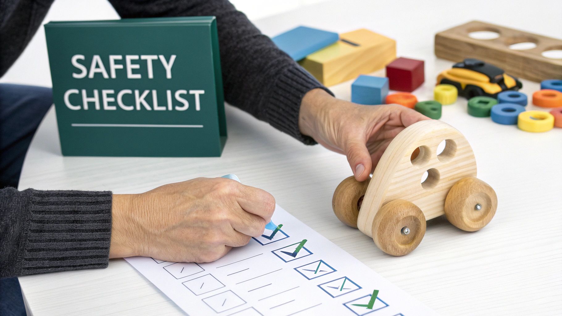 Person checks a safety checklist on a table with various colorful wooden infant learning toys.