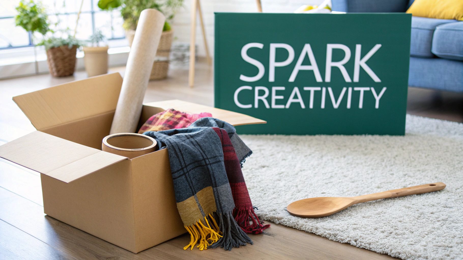 A child playing imaginatively with wooden blocks and toys on a colourful rug