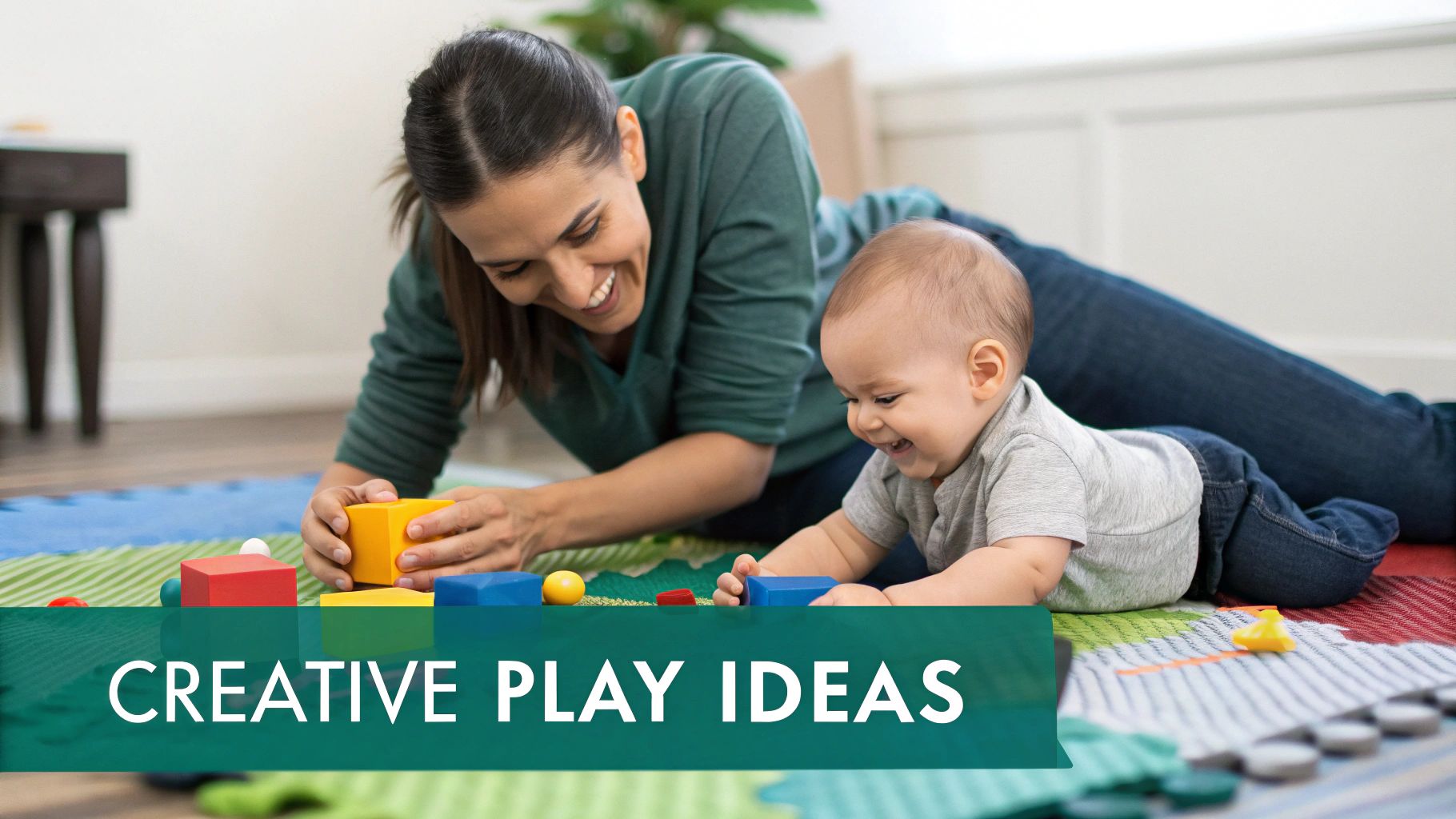 A happy mother and baby smile while playing with colorful building blocks on a soft mat.