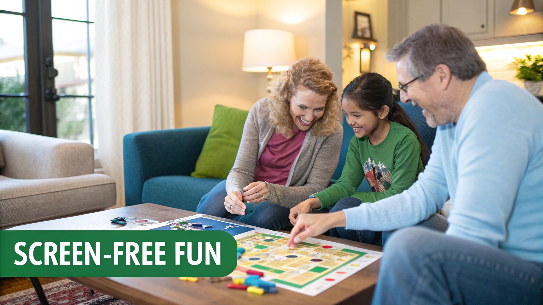 A family laughing together while playing a board game at a wooden table, representing screen-free fun.