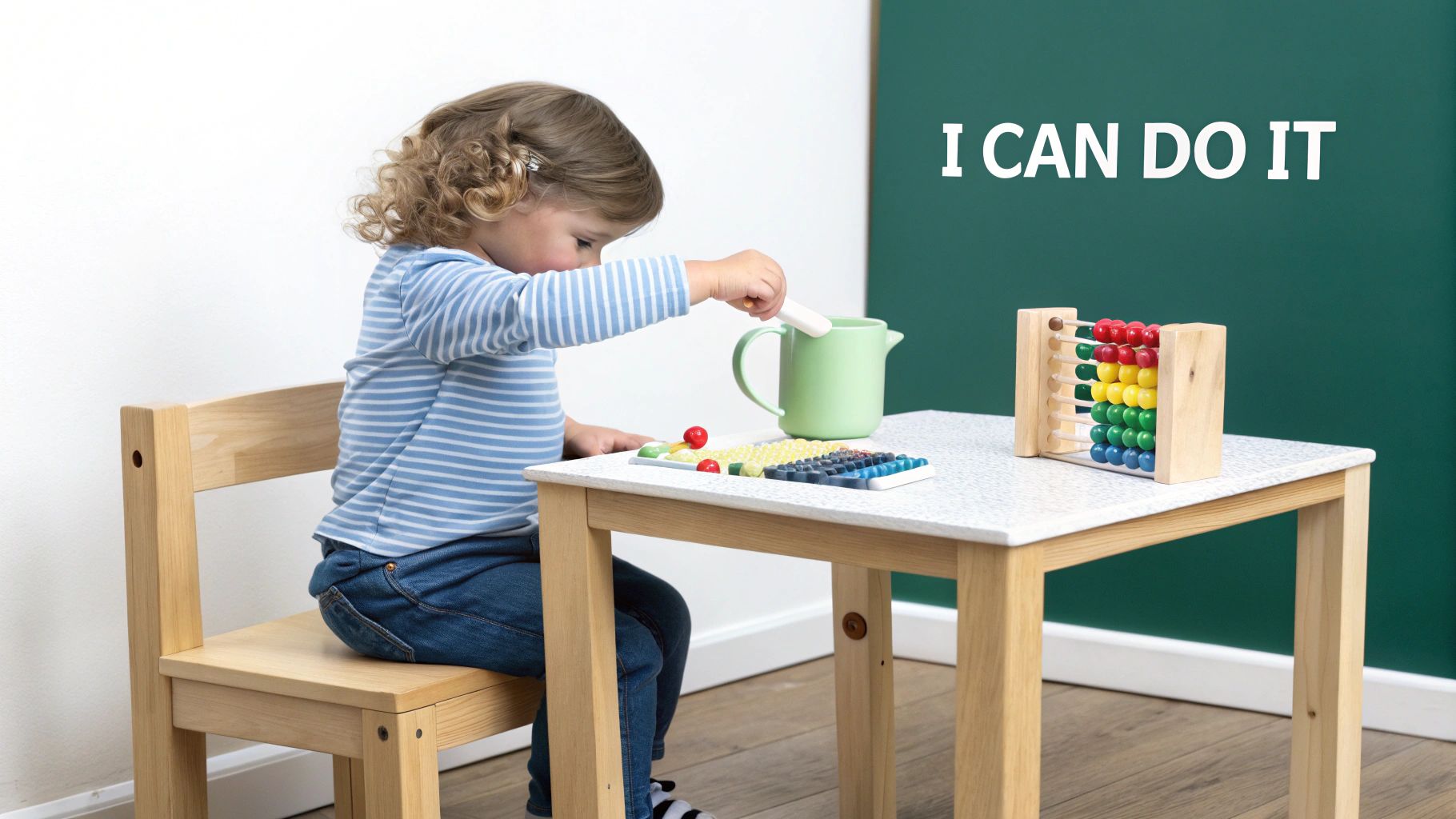 A toddler plays with a colourful wooden Montessori toy, demonstrating focused engagement.